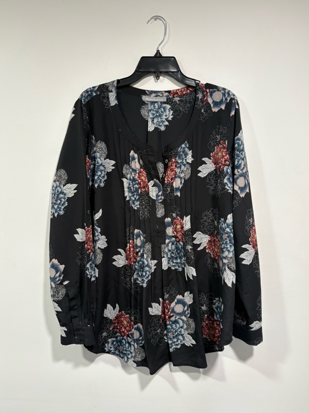 Daniel Rainn Black Floral Pintuck Button-Front Blouse with Blue & Red Blooms